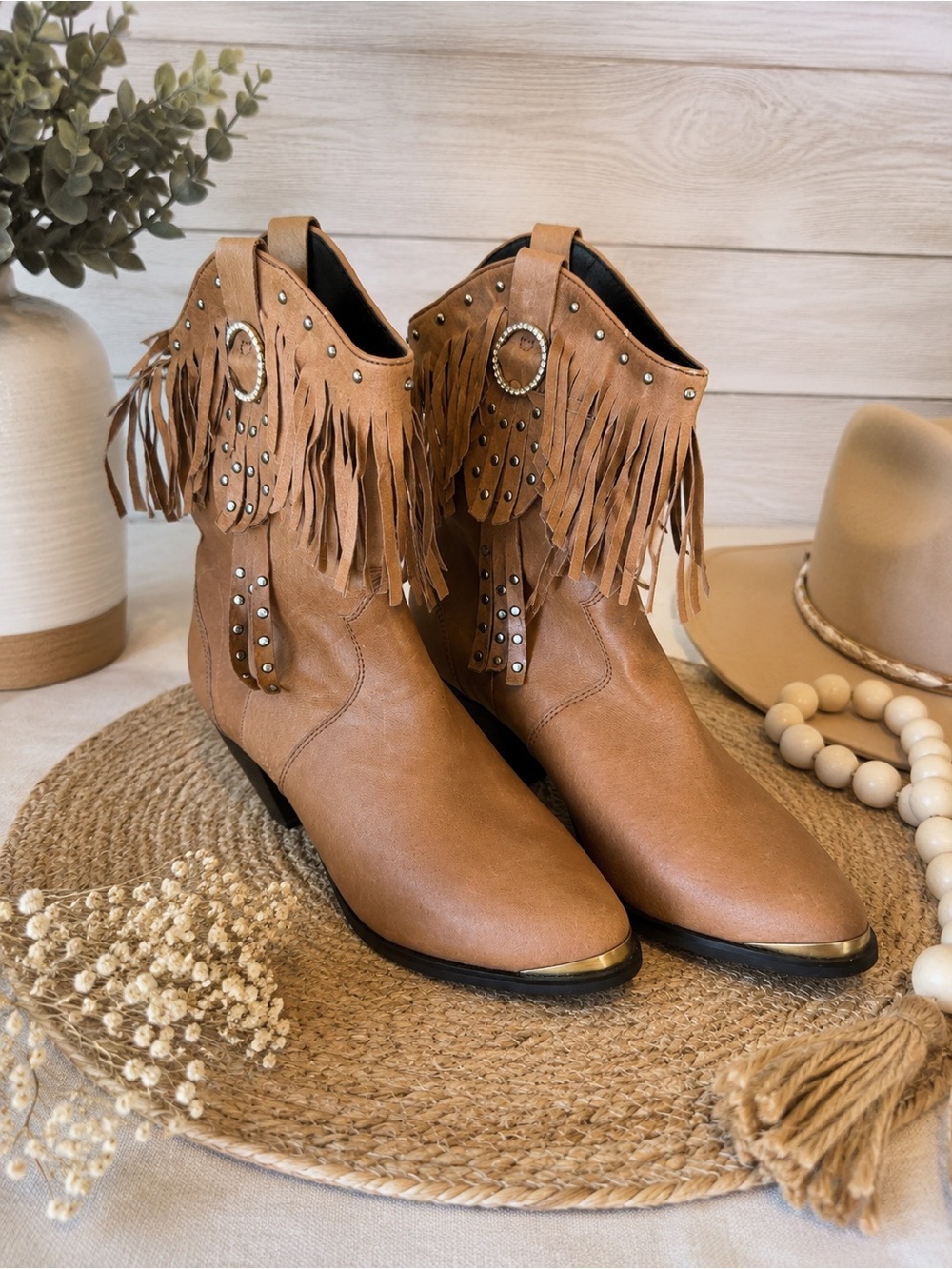 Sterling River Boots Fringe Western Ankle Booties Tan Leather 9.5M Studded Boho